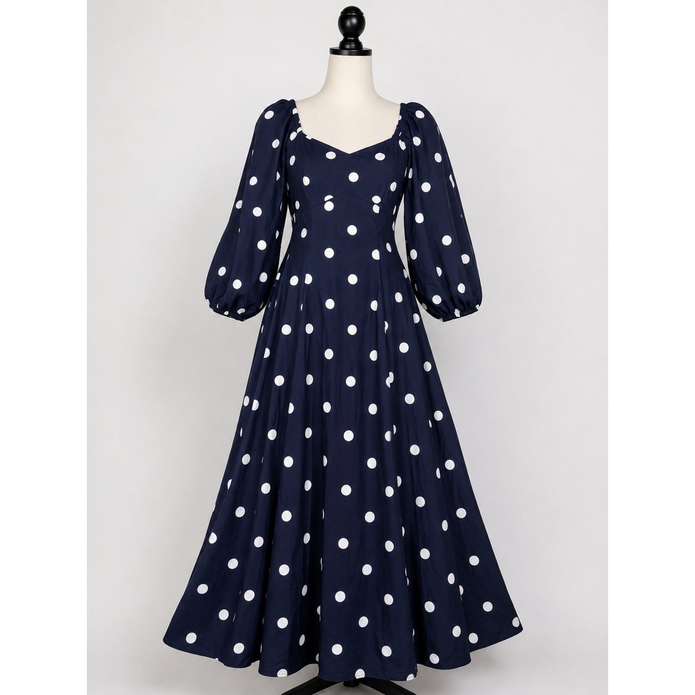 Polka Dot Maxi Dress Navy Blue Puff Sleeve XXL 20 NEW Coquette Retro Pinup 50s